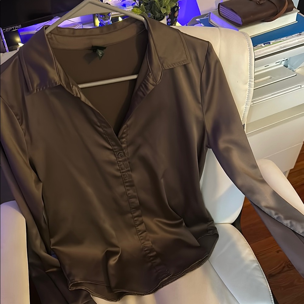 Elegant Women's Brown Satin Blouse, Wild Fable XS